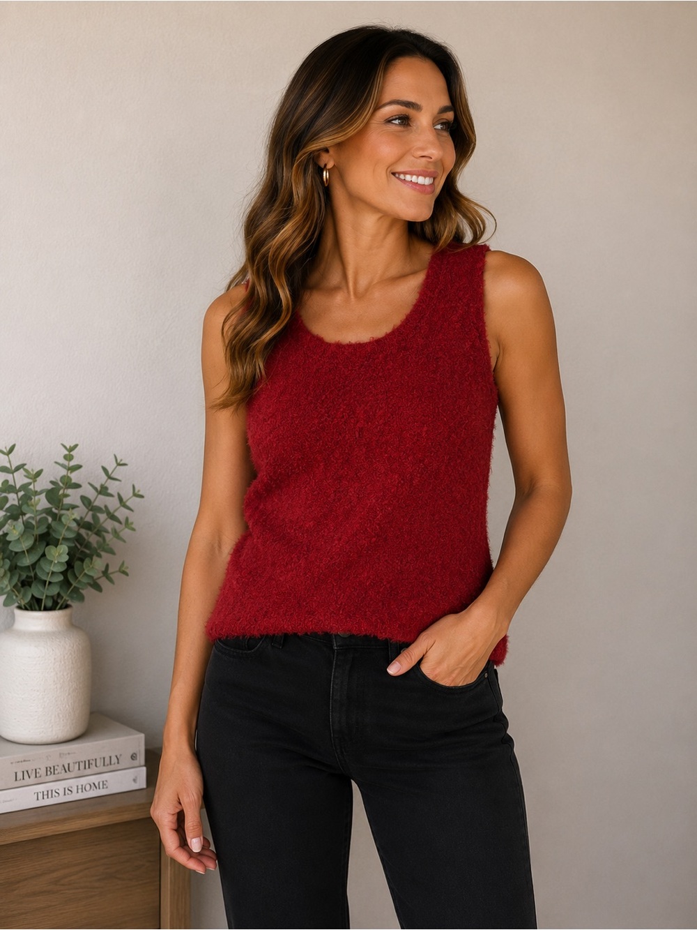 NWT Lucky Brand Burgundy Fuzzy Sleeveless Sweater Tank Soft Cozy Large Plush